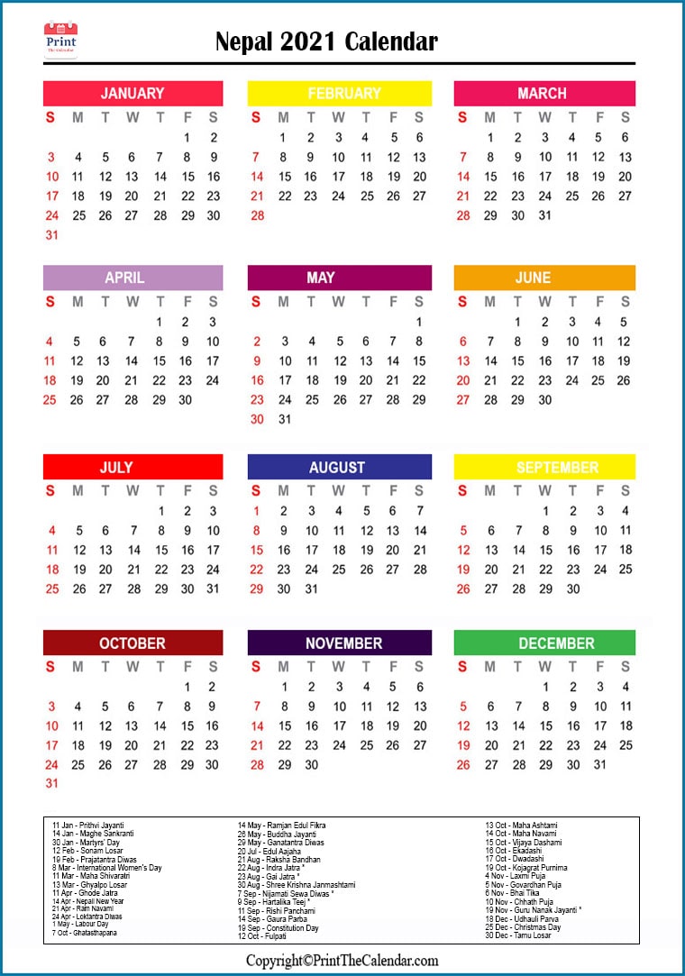 Nepal Printable Calendar 2021